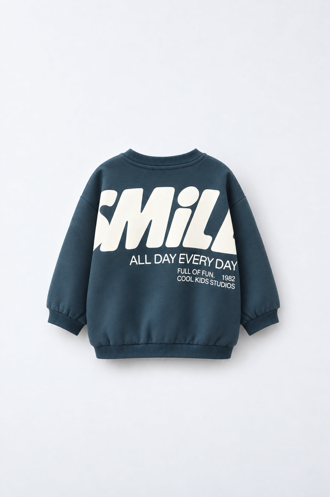 Toddler navy blue drop shoulder sweatshirt with off-white SMiLE front and oversized back graphic print.