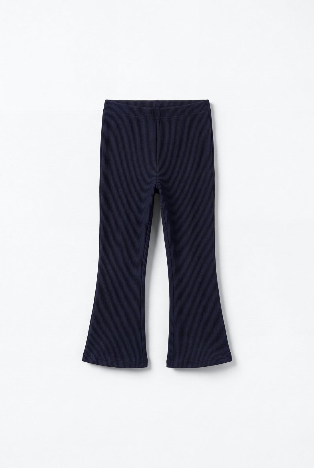 Dark navy blue toddler girls ribbed cotton flared leggings with elastic waist and fine ribbed fabric texture.
