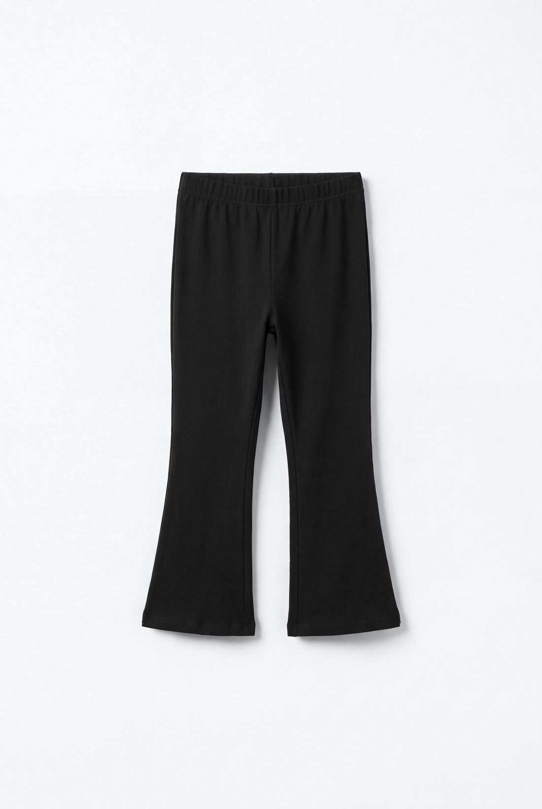 PTex Fashion toddler girls' black plain cotton flared leggings with elastic waistband, flat lay