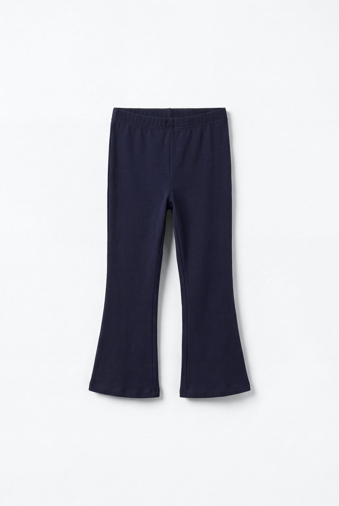 PTex Fashion toddler girls' dark navy blue plain cotton flared leggings with elastic waistband, flat lay