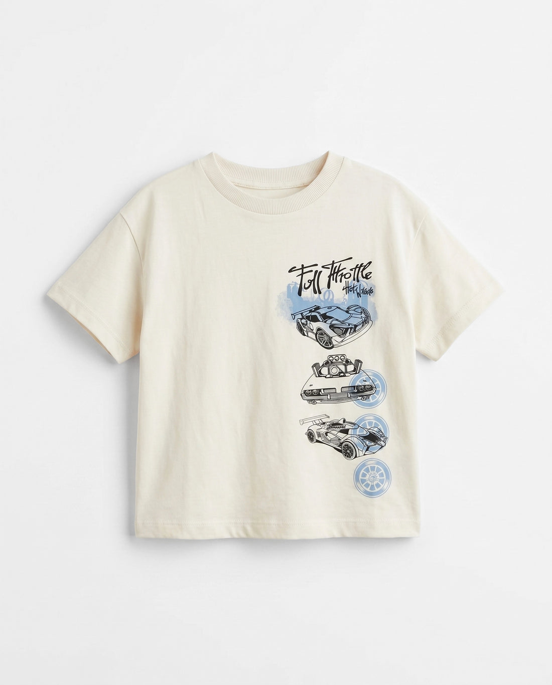  Front flat lay: Front view flat lay of an off-white toddler drop shoulder tee with a vertical stacked "Full Throttle / Hot Wheels" graphic featuring three race cars in black and ice blue on the left chest panel.