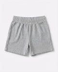 Full front flat-lay view of toddler waffle cotton short pants in light grey with elasticated waistband and relaxed short-length silhouette on white background.