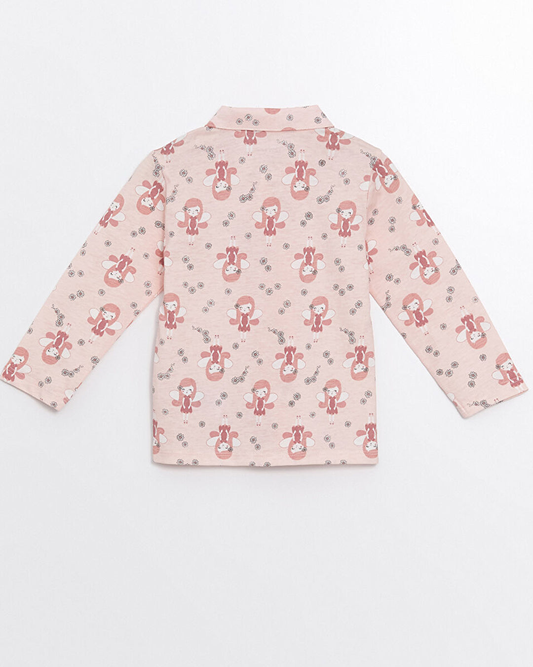 Toddler Baby 2-piece cotton pajama set in Pink color with a cute Fairy print, polo collar, and long sleeves.