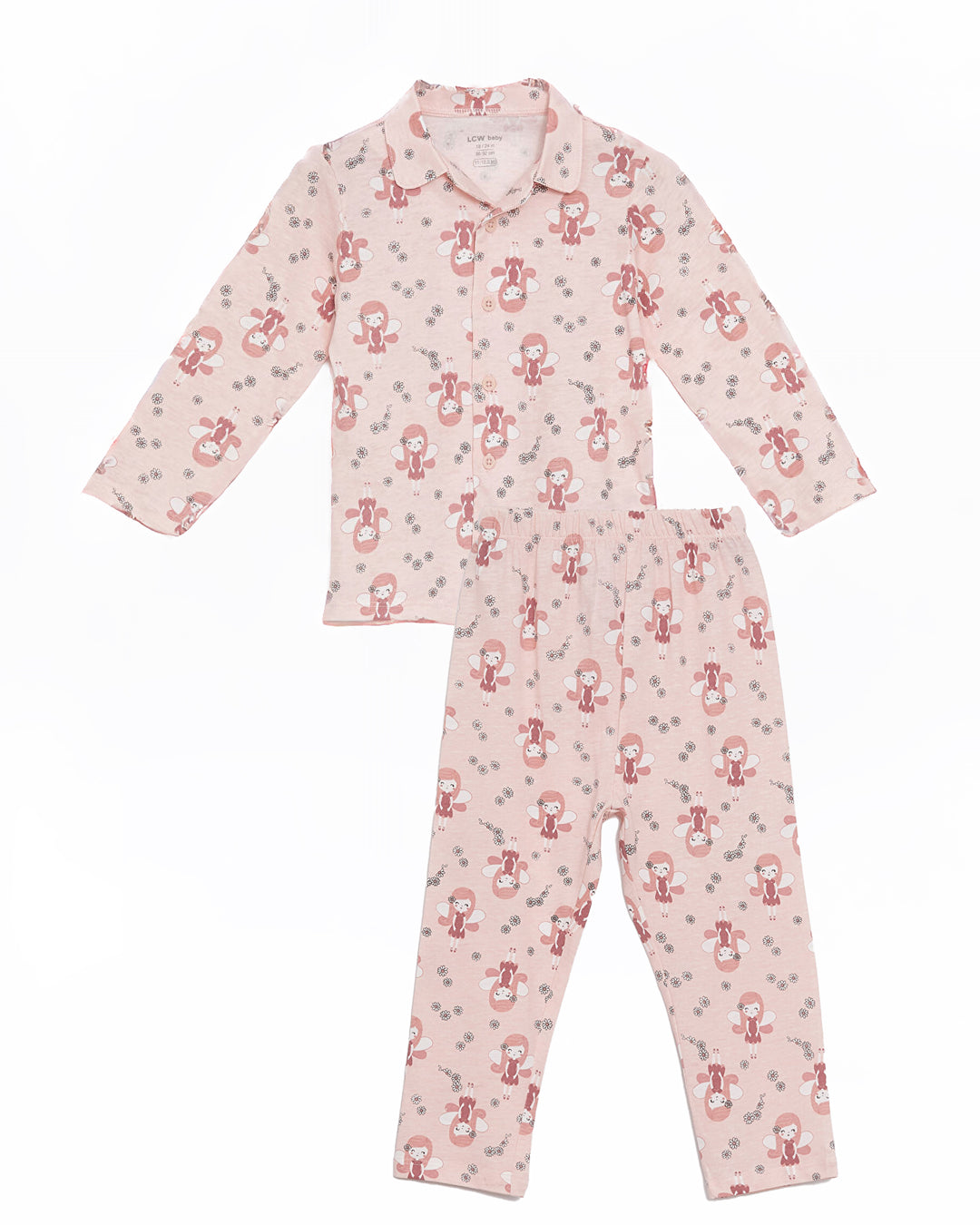 Toddler Baby Girl 2-piece cotton pajama set in Pink color with a cute Fairy print, polo collar, and long sleeves.