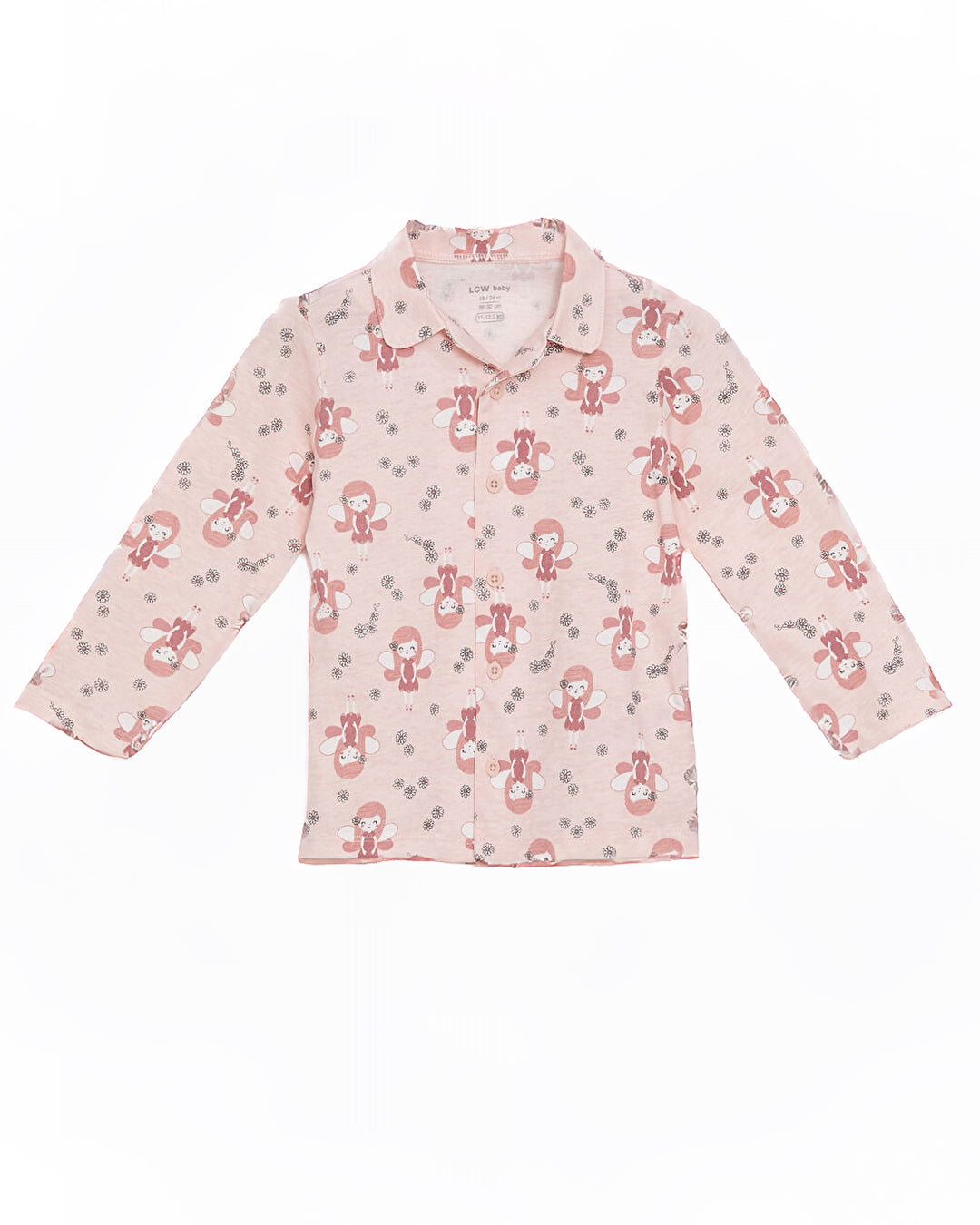 Toddler Baby Girl 2-piece cotton pajama set in Pink color with a cute Fairy print, polo collar, and long sleeves.