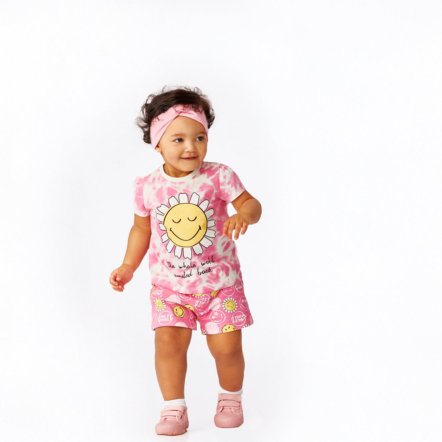 Toddler Baby Girl's Cotton Shorts and T-shirt Set in pink spiral pattern