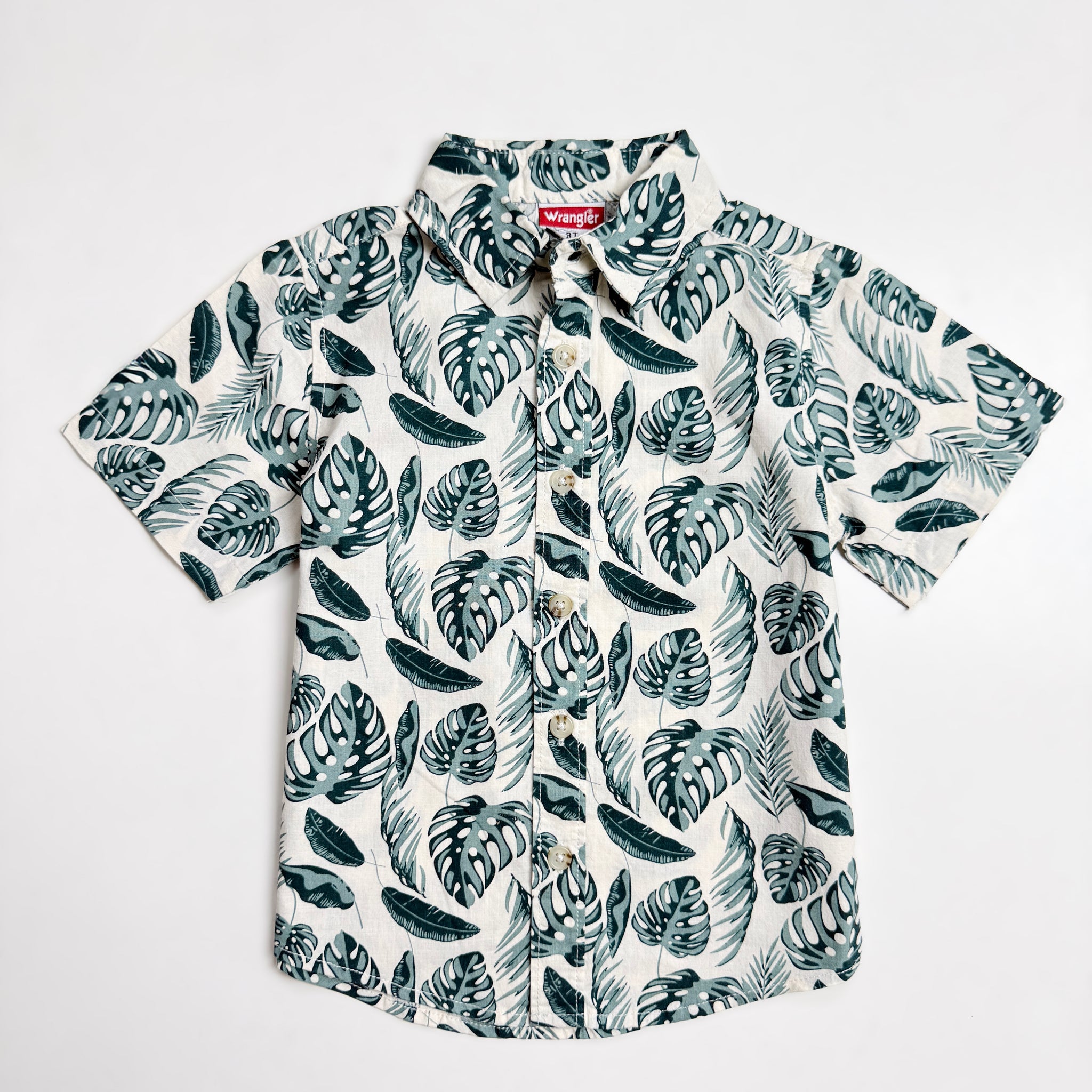 Toddler Boy's Half Sleeve Cotton Shirt | Off White, Leaf Print