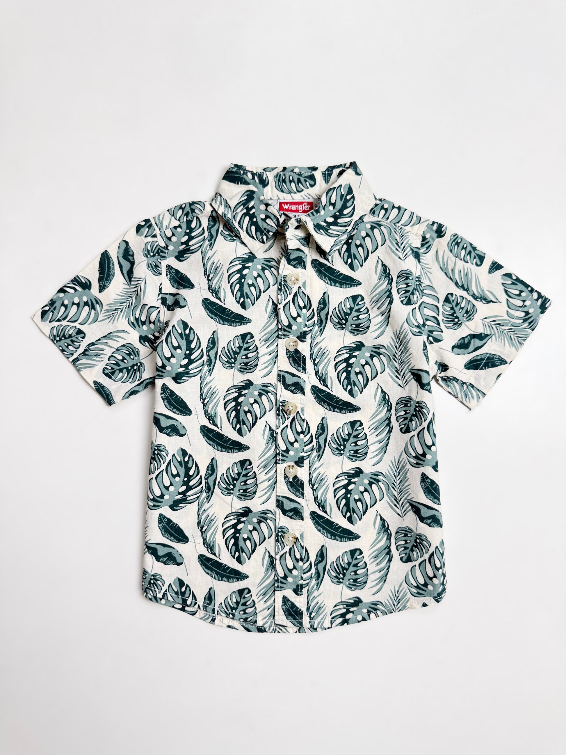 Toddler Boy's Half Sleeve Cotton Shirt | Off White, Leaf Print