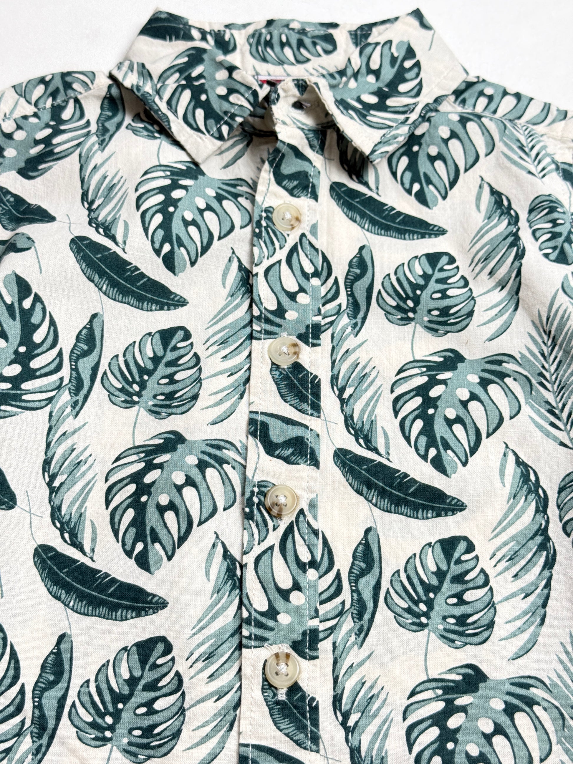 Toddler Boy's Half Sleeve Cotton Shirt | Off White, Leaf Print
