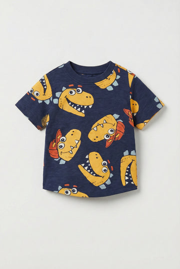 Navy blue t-shirt with yellow dinosaur prints on a light gray background