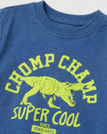 Blue t-shirt with green dinosaur graphic and text on a white background