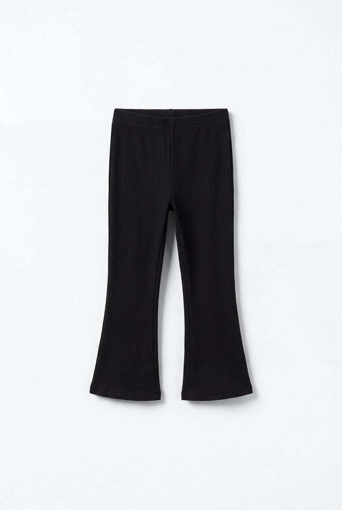 Black toddler girls ribbed cotton flared leggings with elastic waistband and soft textured rib fabric.