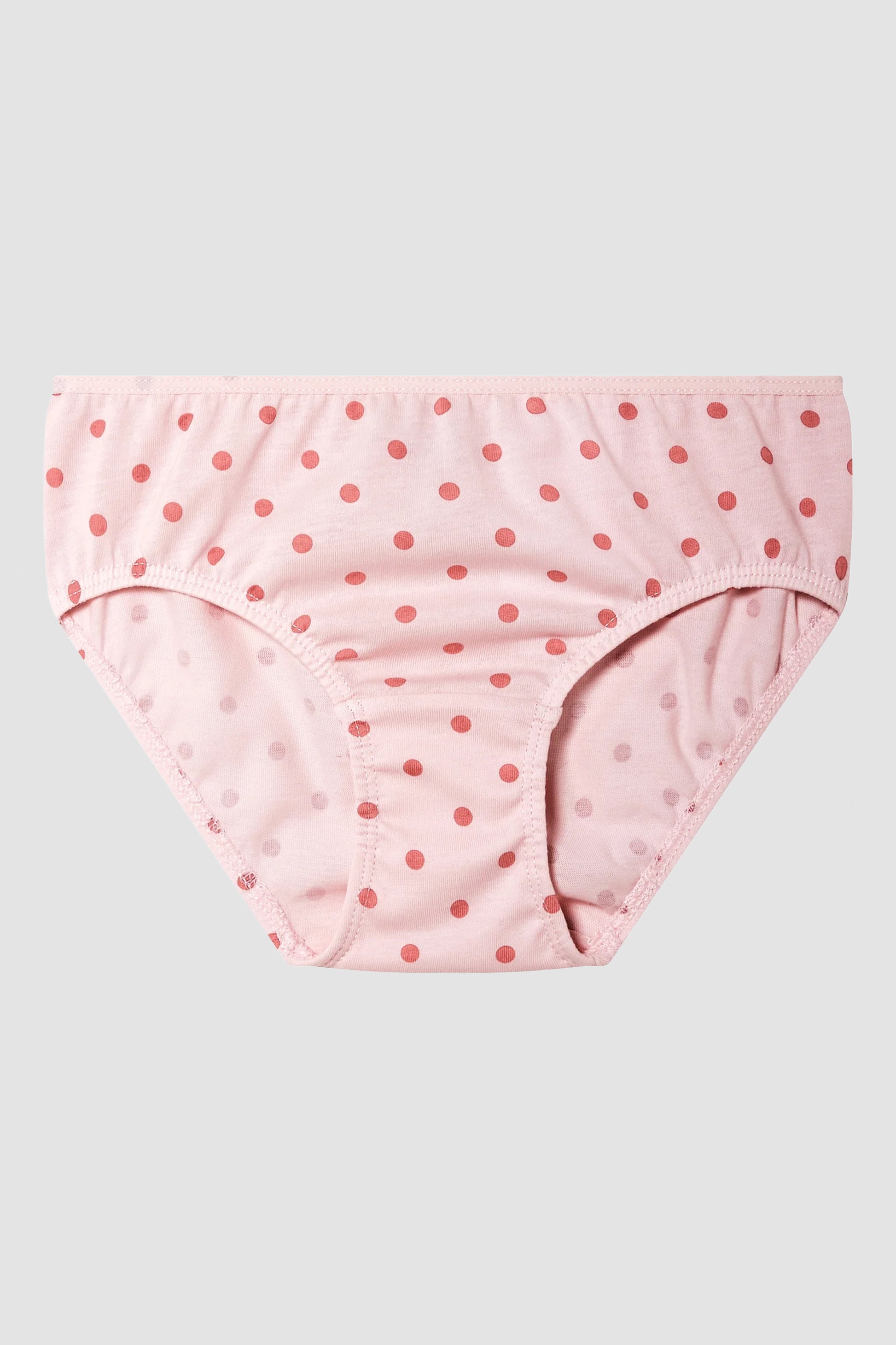 Pink polka dot toddler girl's underwear on a light gray background