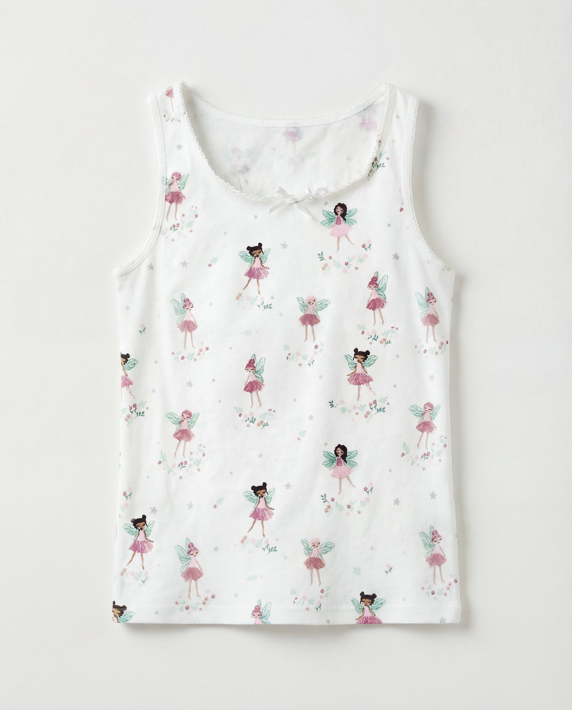 Toddler Girl's Lace Trimmed Cotton Tank Tops | White, Fairy Print