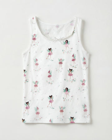 Toddler Girl's Lace Trimmed Cotton Tank Tops | White, Fairy Print