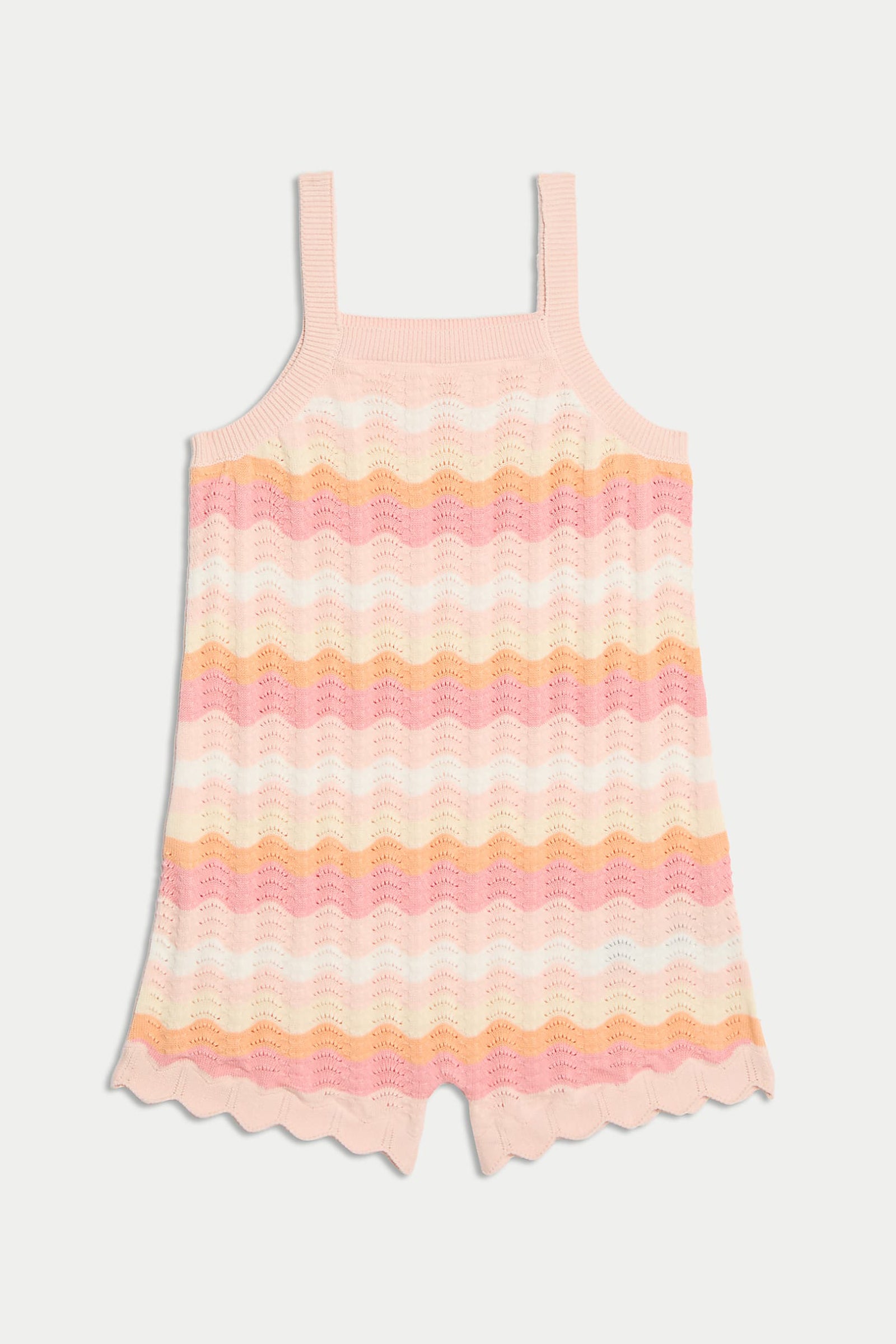 Pink and orange striped romper on a white background