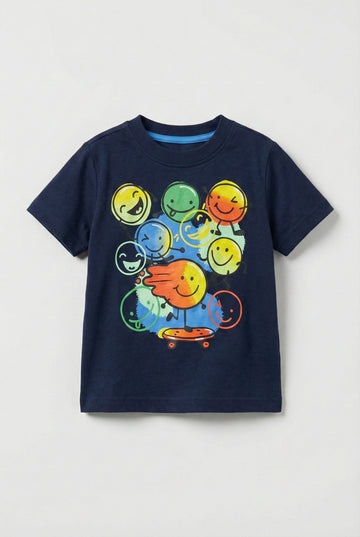 Toddler Cotton Navy Blue T-Shirt | Smiley Print