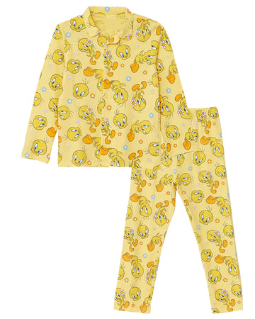 Baby 2 pieces Pajama Set | Cotton, Polo Collar, Long Sleeve, Yellow, Duck Print