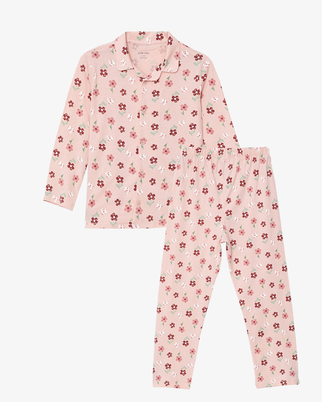 Baby 2 pieces Pajama Set | Cotton, Polo Collar, Long Sleeve, Pink, Flower Print