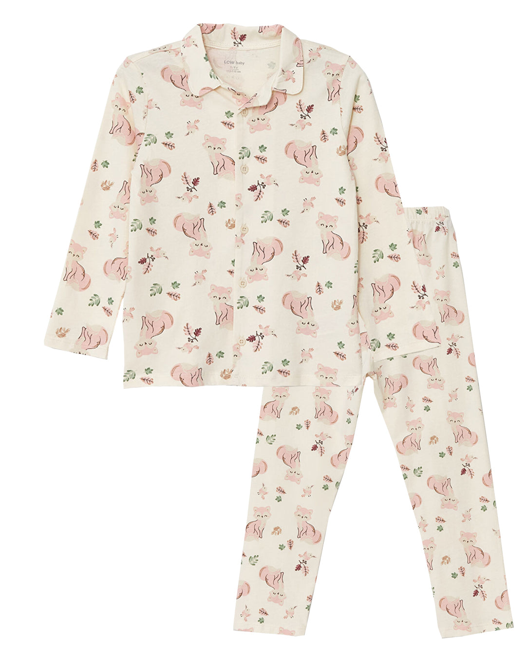 Baby 2 pieces Pajama Set | Cotton, Polo Collar, Long Sleeve, Pink, Beige, Animal Print