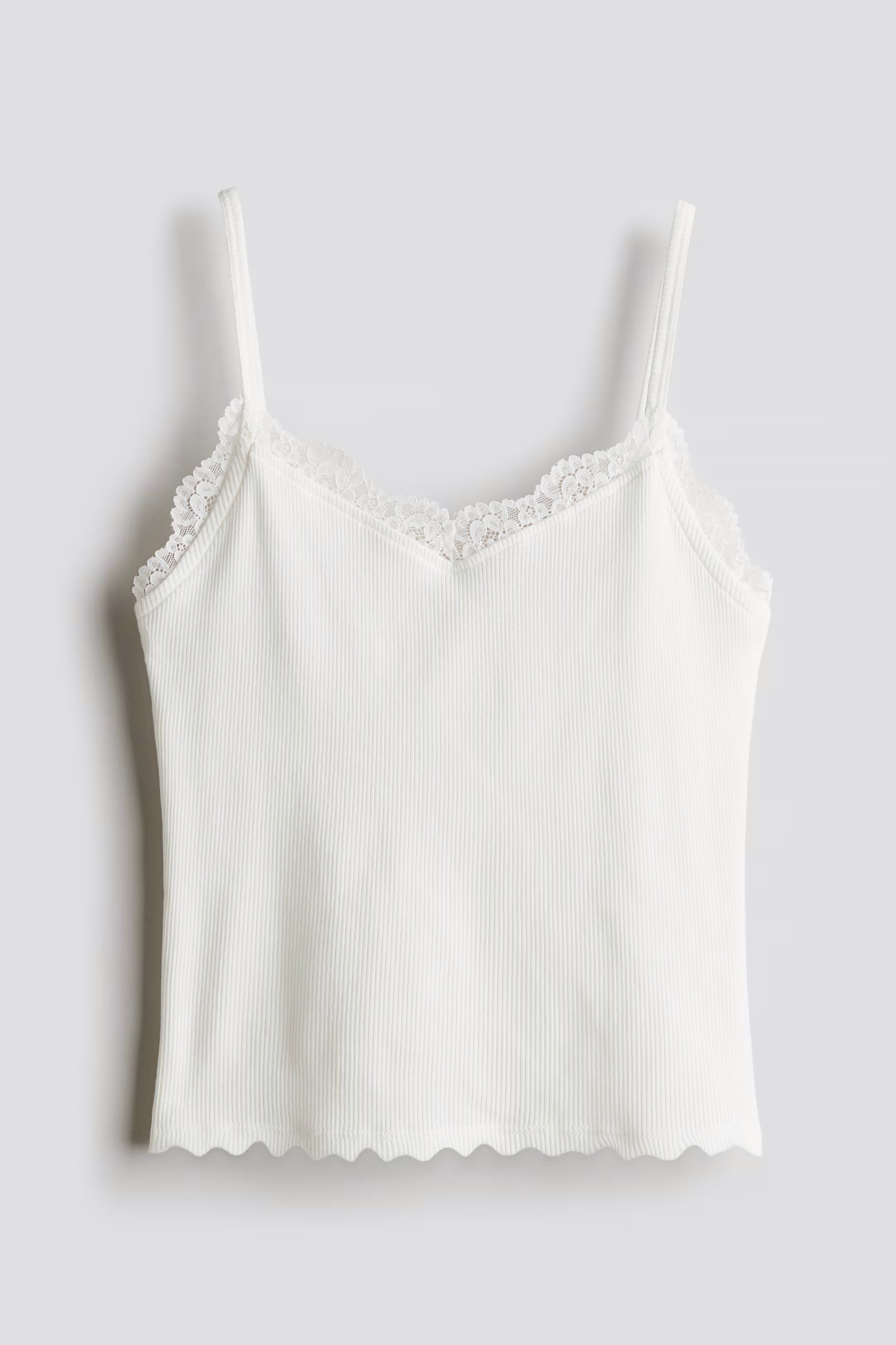 Women's Lace Trimmed Tank Top | Ribbed Fabric, Viscose, Slim Fit, Whit