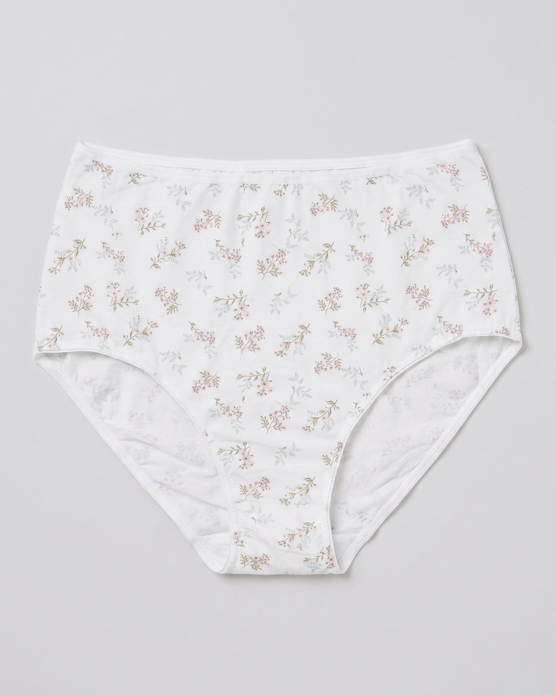 White cotton brief with delicate pink and green floral print for women