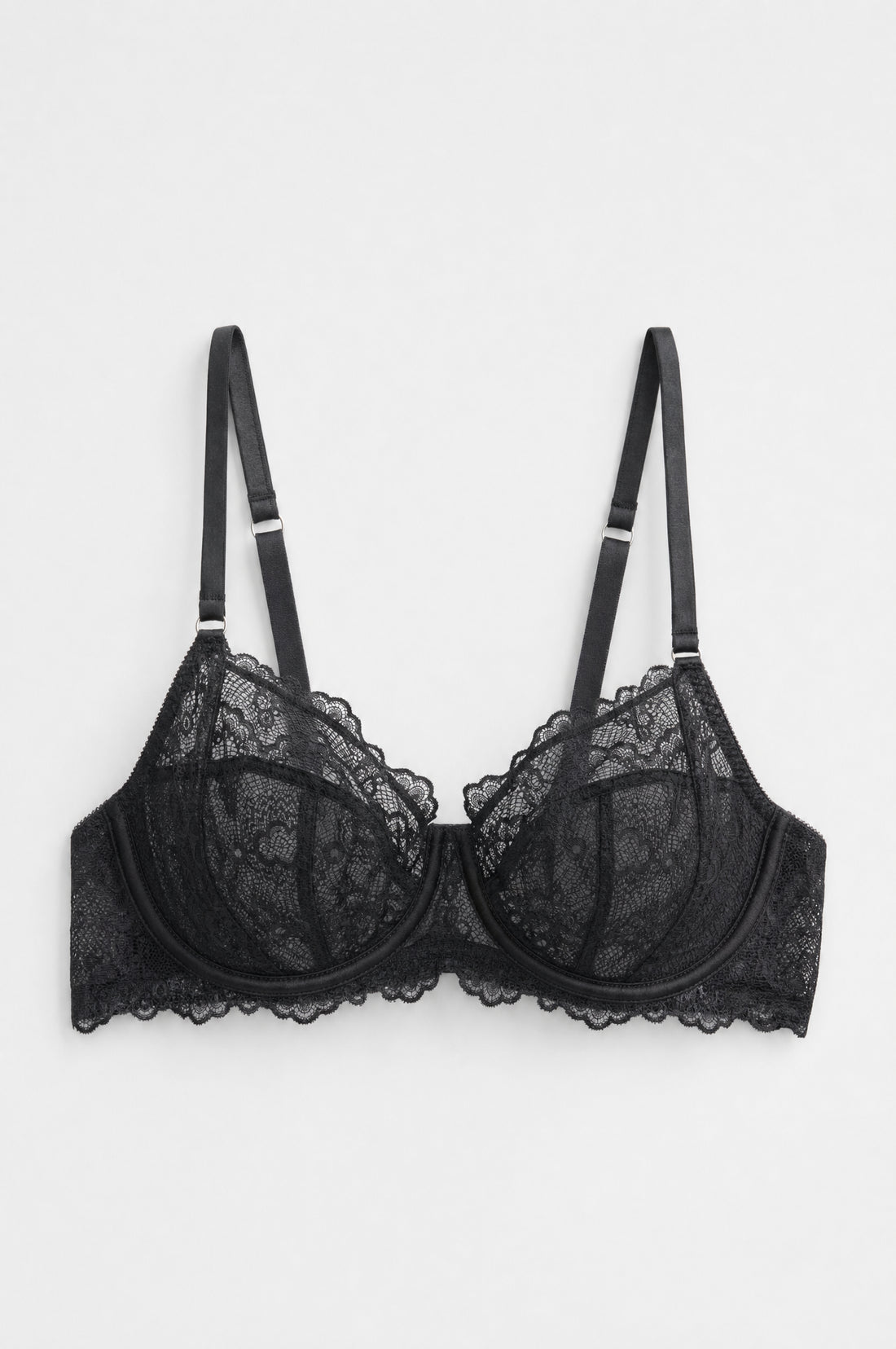 PTex Fashion black non-padded full cup floral lace bra, front flat lay
