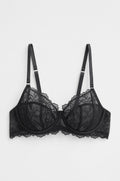 PTex Fashion black non-padded full cup floral lace bra, front flat lay