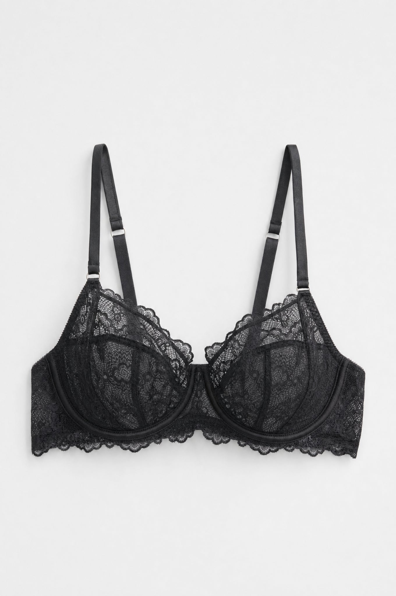 PTex Fashion black non-padded full cup floral lace bra, front flat lay