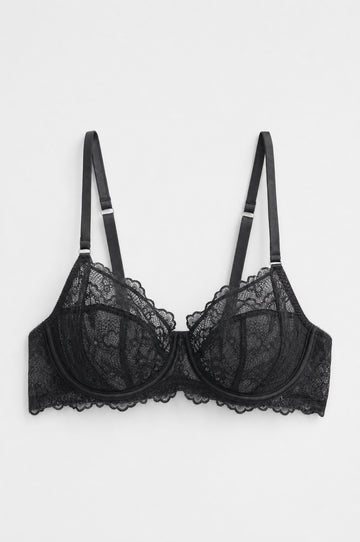 PTex Fashion black non-padded full cup floral lace bra, front flat lay