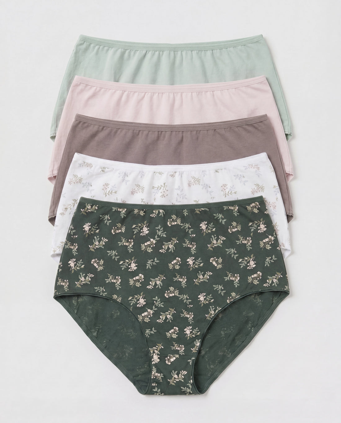 Women's 5-pack cotton hipster briefs flat lay in sage green, blush pink, taupe, white floral, and green floral