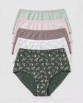 Women's 5-pack cotton hipster briefs flat lay in sage green, blush pink, taupe, white floral, and green floral