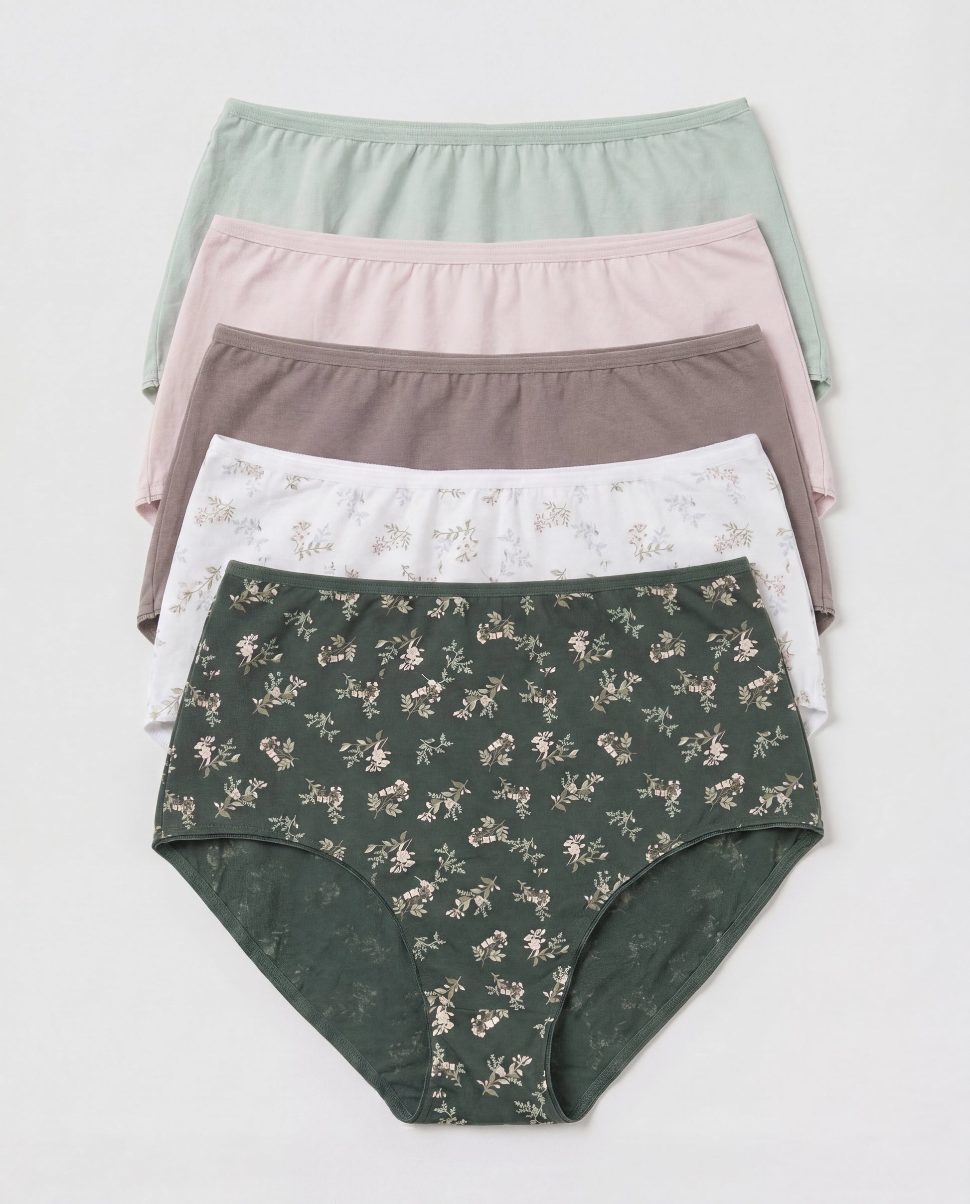 Women's 5-pack cotton hipster briefs flat lay in sage green, blush pink, taupe, white floral, and green floral