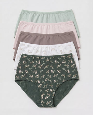Women's 5-pack cotton hipster briefs flat lay in sage green, blush pink, taupe, white floral, and green floral