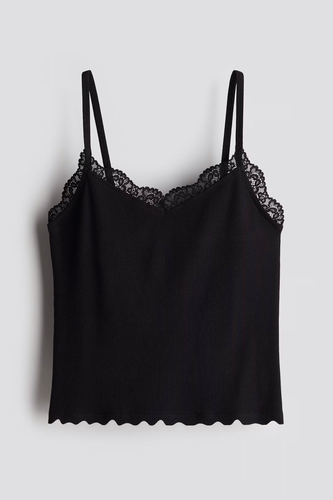Women's Lace Trimmed Tank Top | Ribbed Fabric, Viscose, Slim Fit,Black