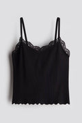 Women's Lace Trimmed Tank Top | Ribbed Fabric, Viscose, Slim Fit,Black