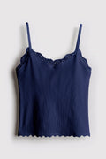 Women's Lace Trimmed Tank Top | Ribbed Fabric, Viscose, Slim Fit, Peacoat