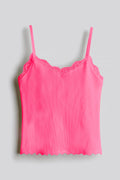 Women's Lace Trimmed Tank Top | Ribbed Fabric, Viscose, Slim Fit, Pink
