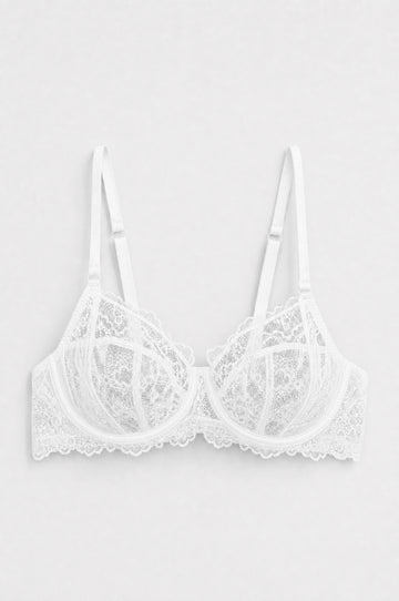 PTex Fashion white non-padded full cup floral lace bra, front flat lay