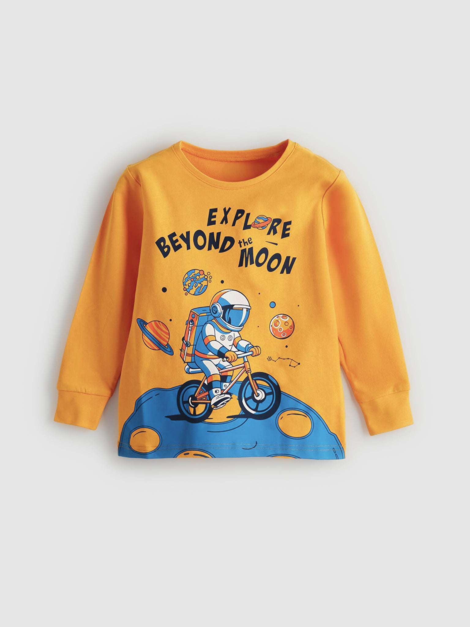 Yellow children's sweatshirt with space-themed design and text on a light gray background