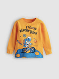 Yellow children's sweatshirt with space-themed design and text on a light gray background
