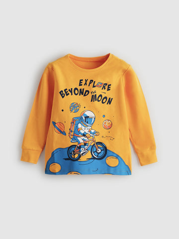 Yellow children's sweatshirt with space-themed design and text on a light gray background