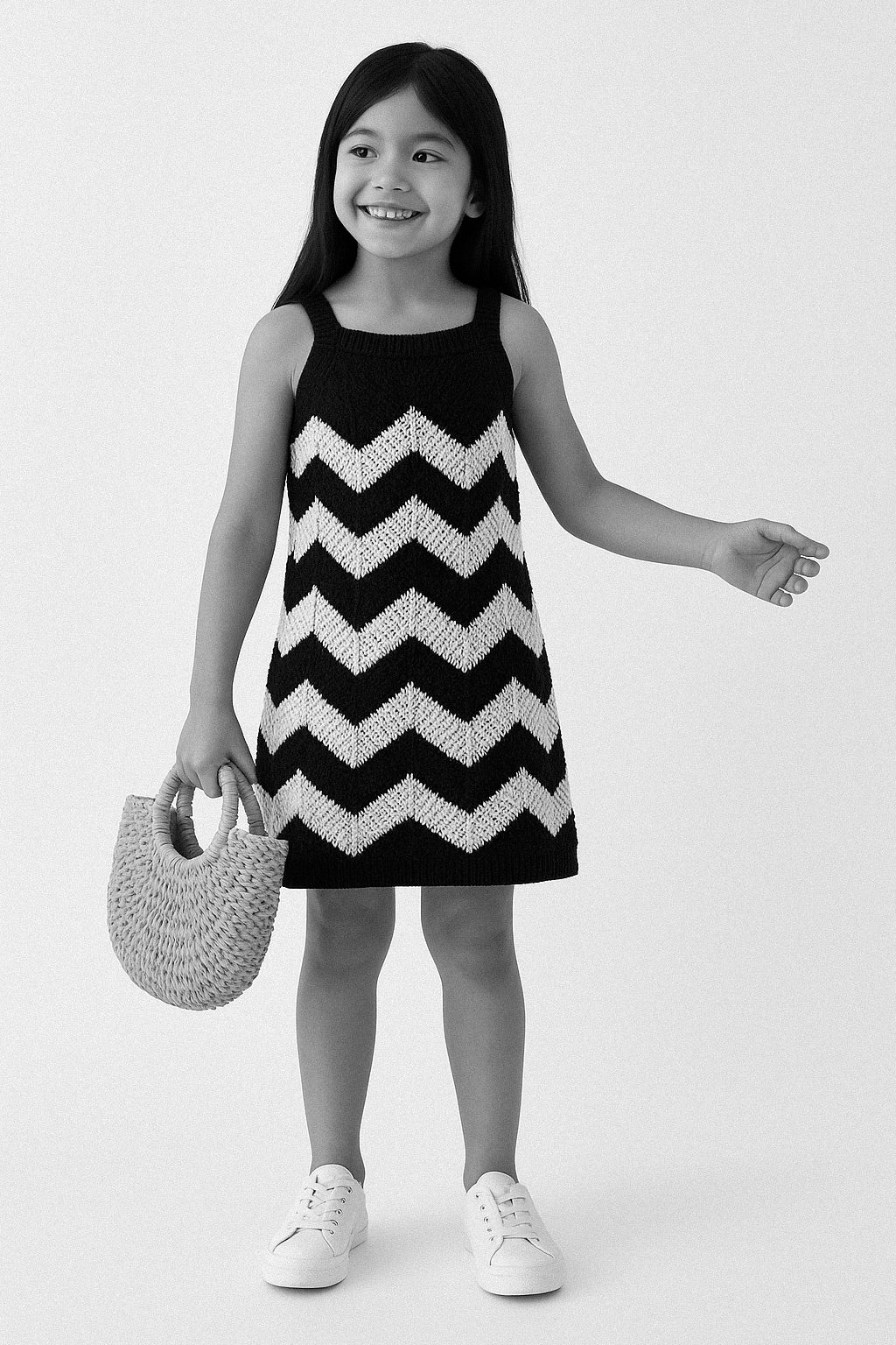 Young girl wearing a black and white zigzag dress on a white background
