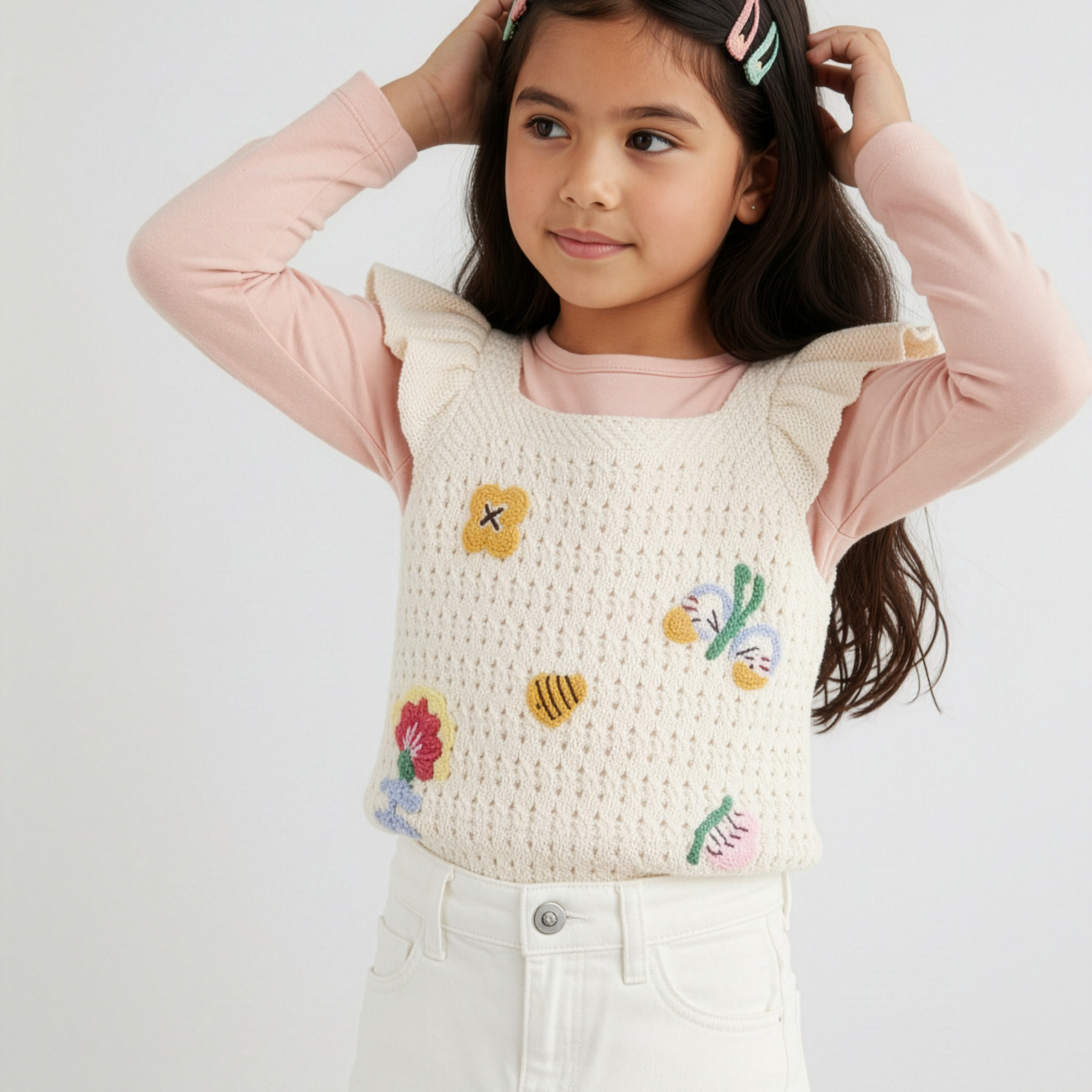Young girl wearing a cream-colored vest with colorful embroidered designs on a white background
