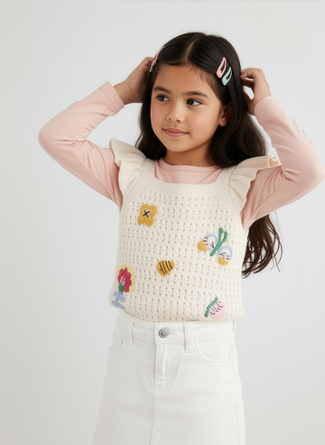 Young girl wearing a cream-colored vest with colorful embroidered designs on a white background