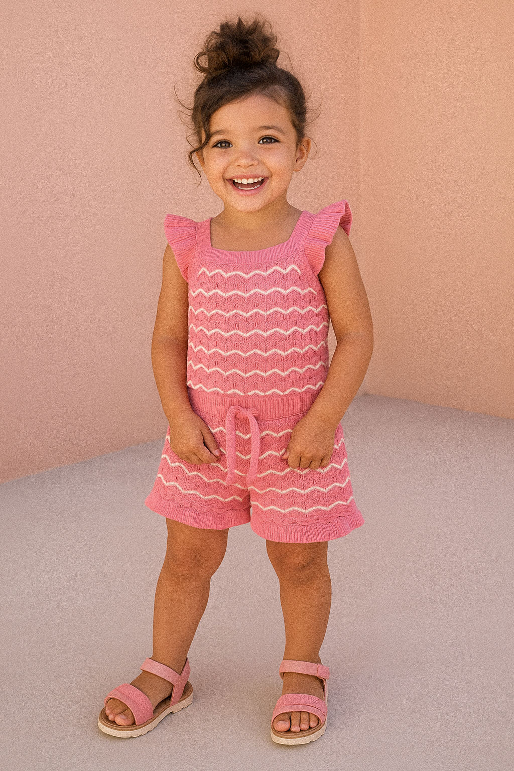 Young girl wearing a pink and white striped outfit with ruffled sleeves against a beige background