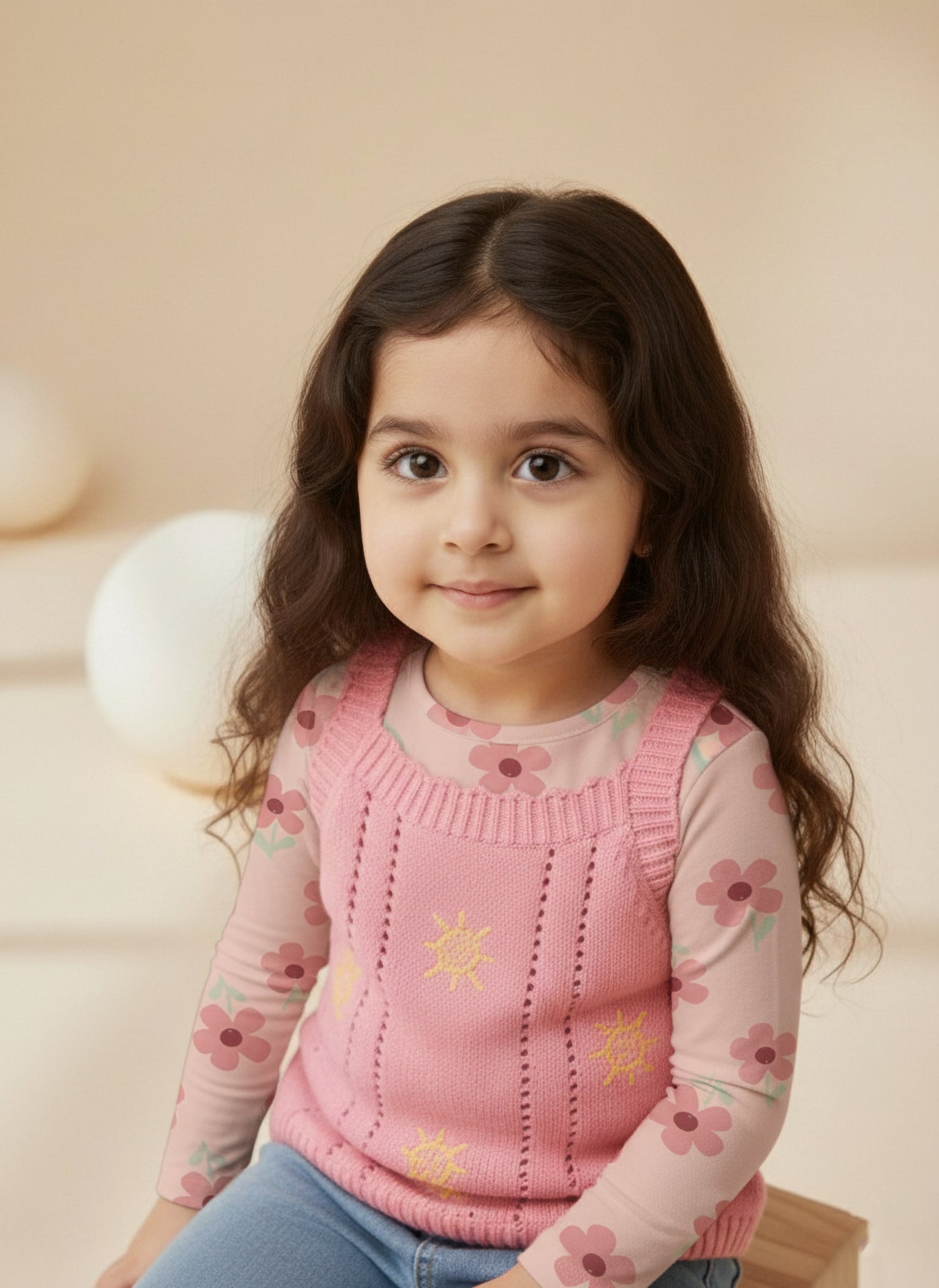 Young girl wearing a pink floral vest over a matching shirt with a neutral background