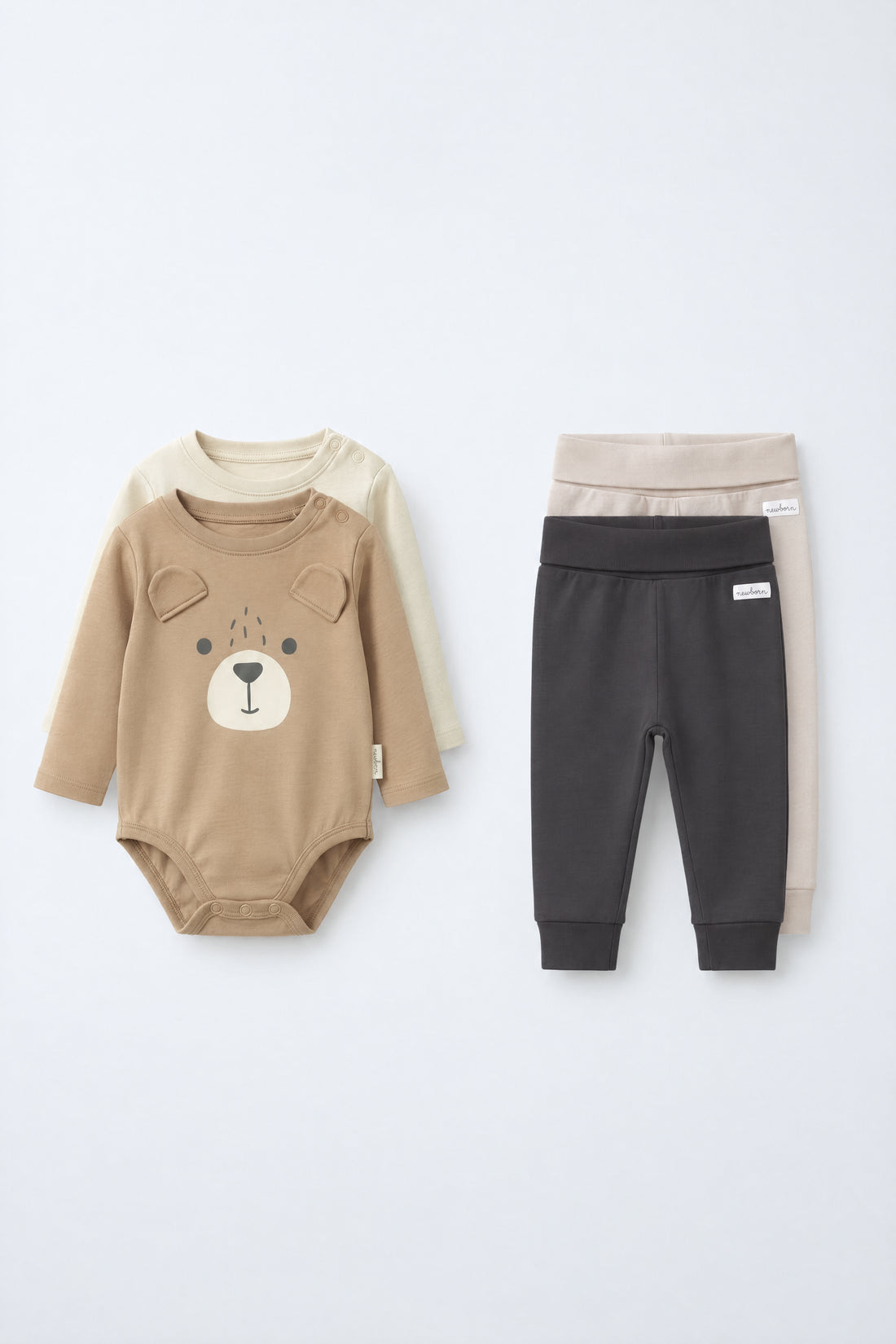 PTex Fashion 4-piece baby set with bear face bodysuit, beige bodysuit, and charcoal and beige fold-over waist joggers