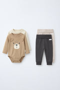 PTex Fashion 4-piece baby set with bear face bodysuit, beige bodysuit, and charcoal and beige fold-over waist joggers