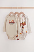 PTex Fashion baby 3-pack long-sleeve cotton bodysuits in neutral oatmeal, cream and grey marl on wooden hangers